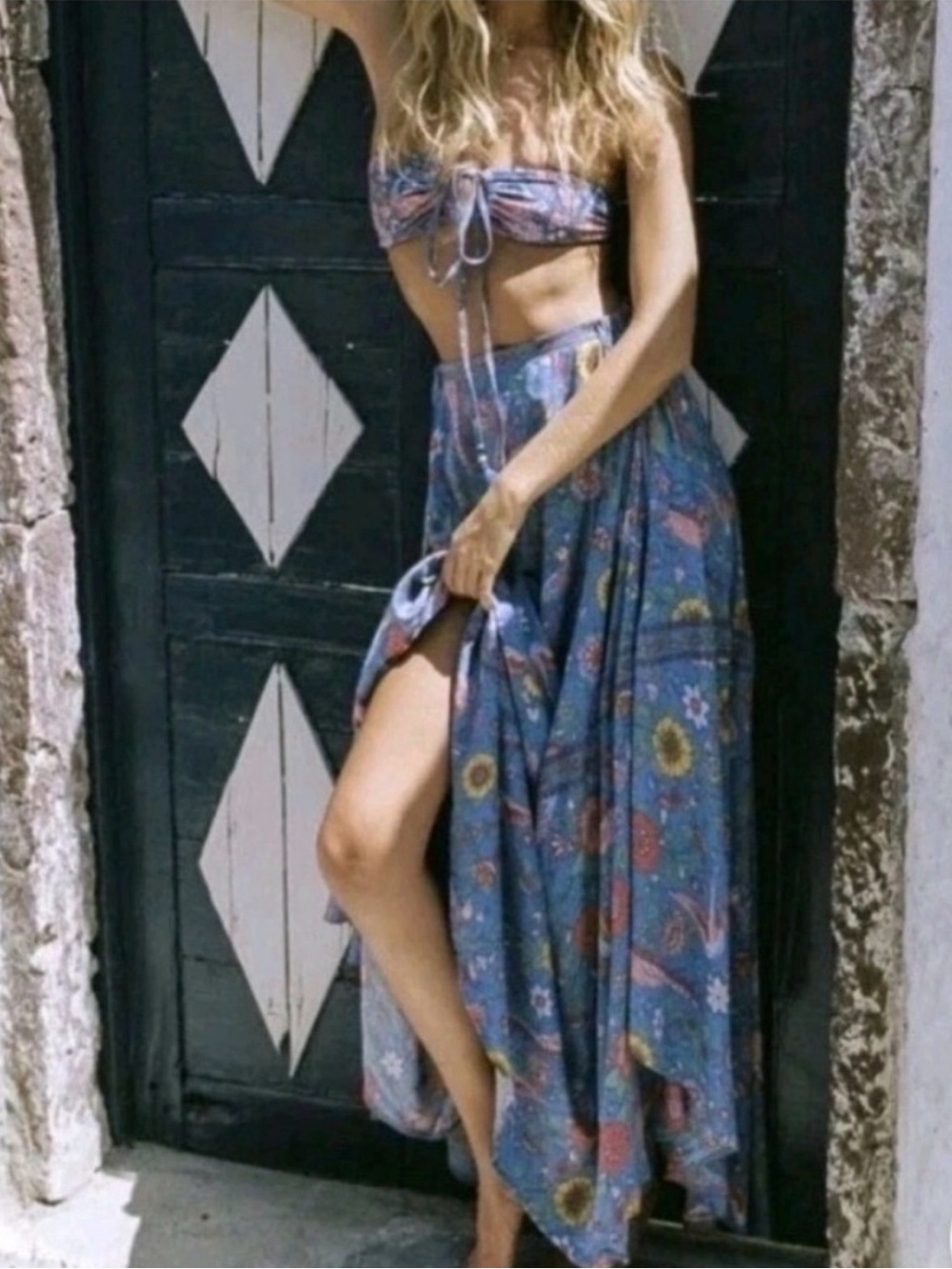 Spell lovebird half moon large Blue Floral Maxi Skirt